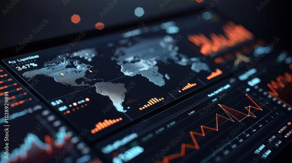 Advanced financial technology interface with global data visualization, showcasing analytics and trends in modern digital environment Advanced financial technology interface with global data visualization, showcasing analytics and trends in modern digital environment