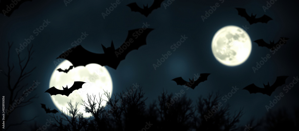 bats fly past two full moons a dark blue night sky