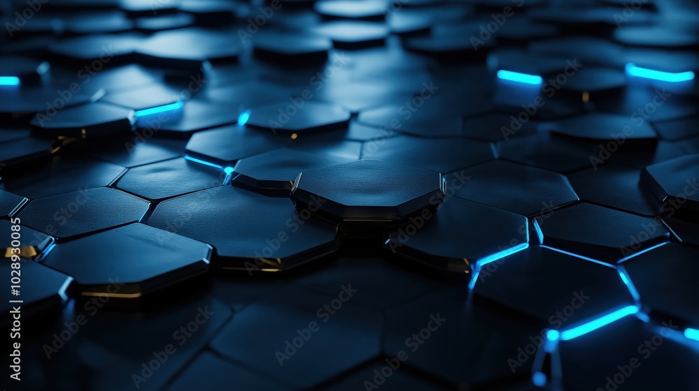 3D-rendered futuristic abstract background, overlapping hexagons outlined by bright blue neon lights 3D-rendered futuristic abstract background, overlapping hexagons outlined by bright blue neon lights