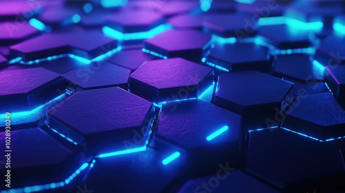 3D-rendered futuristic abstract background, overlapping hexagons outlined by bright blue neon lights