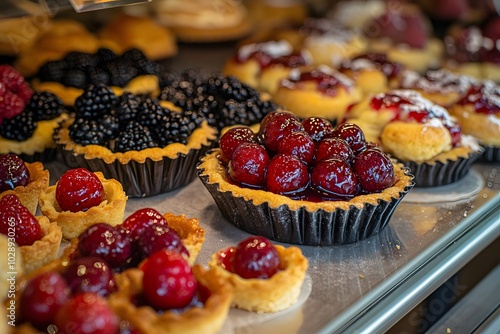 Closeup of Berry Tarts in Pastry Shop Display