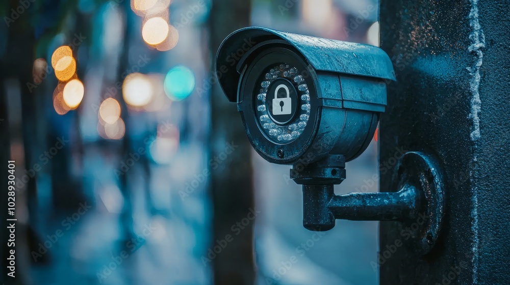Minimalist Security Camera Icon on Urban Background Minimalist Security Camera Icon on Urban Background