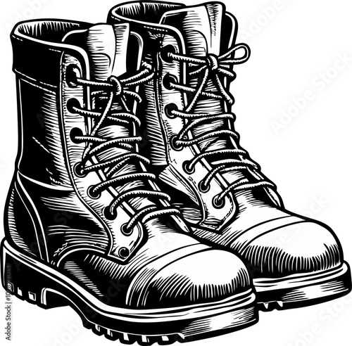 Detailed Black and White Hand Drawn Style Hiking Boots Vector Illustration