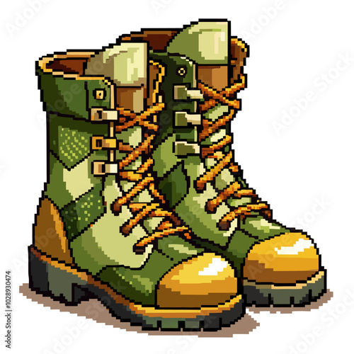 Vintage Military Boots Illustration in Pixel Art Style for Retro Design Projects