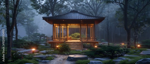 Tranquil Japanese gazebo illuminated at dusk, surrounded by a serene garden with lush trees and stone pathway, evoking peace and harmony.