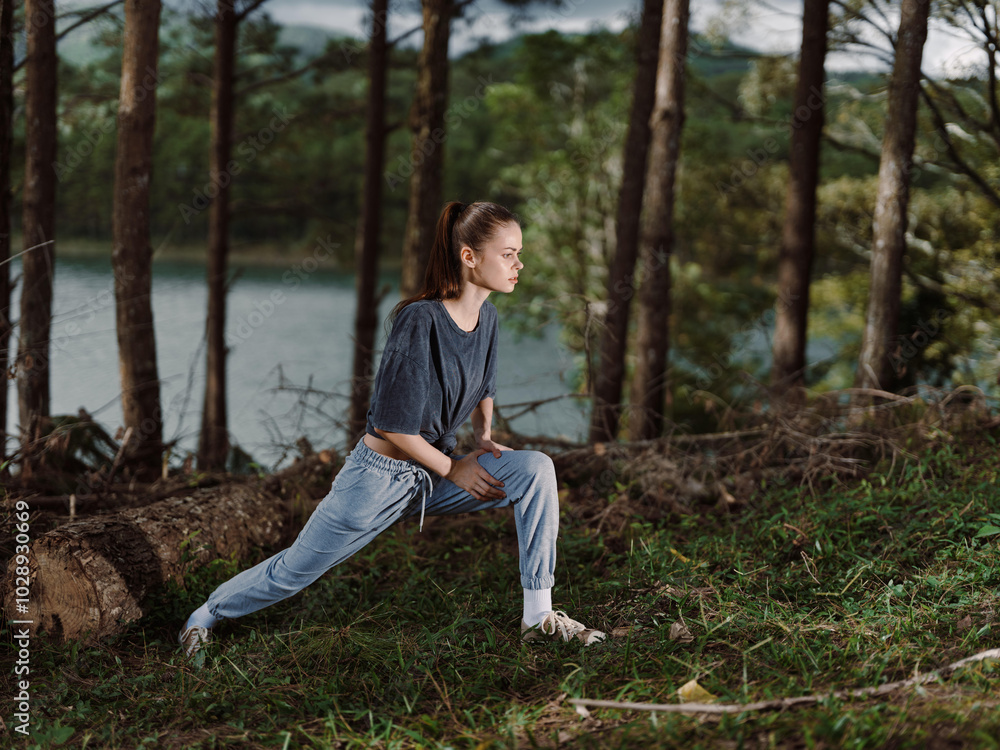 Focused young woman stretching outdoors in a natural setting, wearing casual athletic clothing near a serene lake, emphasizing fitness and well being Focused young woman stretching outdoors in a natural setting, wearing casual athletic clothing near a serene lake, emphasizing fitness and well being