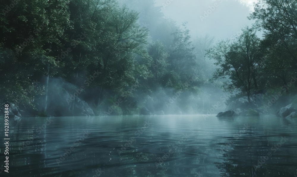 Dense fog rolling over a tranquil forest lake, 4K hyperrealistic photo Dense fog rolling over a tranquil forest lake, 4K hyperrealistic photo