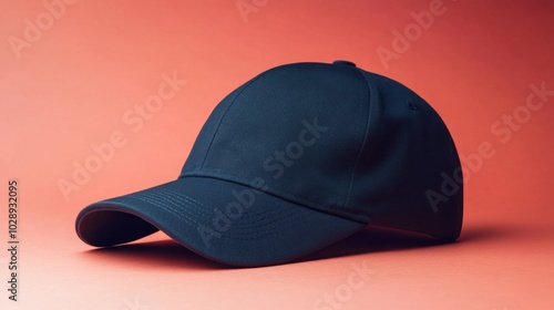 A blank navy blue cap mockup with a soft gradient background, perfect for sleek, modern branding presentations or print advertising.