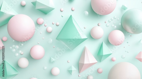 Geometric 3D abstract scene with smooth pastel-colored shapes, including spheres, cylinders, and blocks photo