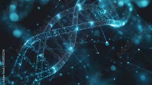 A blockchain model represented by DNA sequences, using bioinformatics principles for data storage, all visualized through intricate 3D biotechnology models.