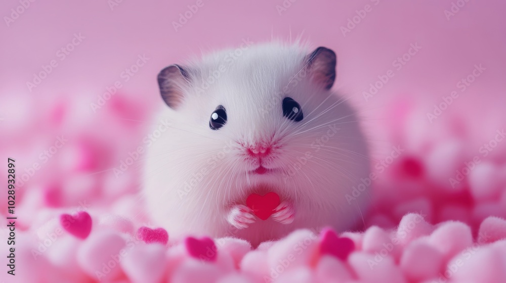 cute hamster with big eyes, blushing with hearts on cheeks, soft pink background, cute hamster with big eyes, blushing with hearts on cheeks, soft pink background,