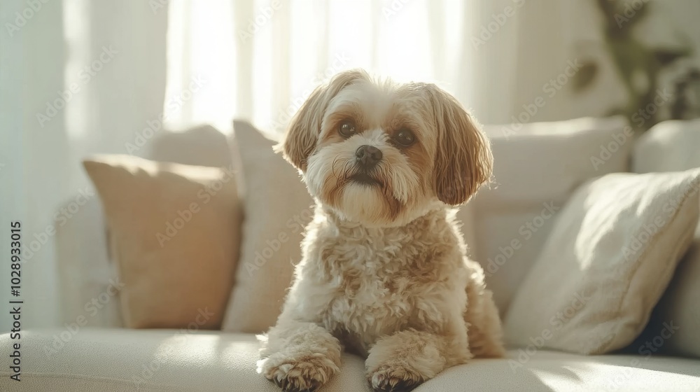 Shih Tzu dog sitting on a light sofa in a cozy living room with warm daylight, Shih Tzu dog sitting on a light sofa in a cozy living room with warm daylight,