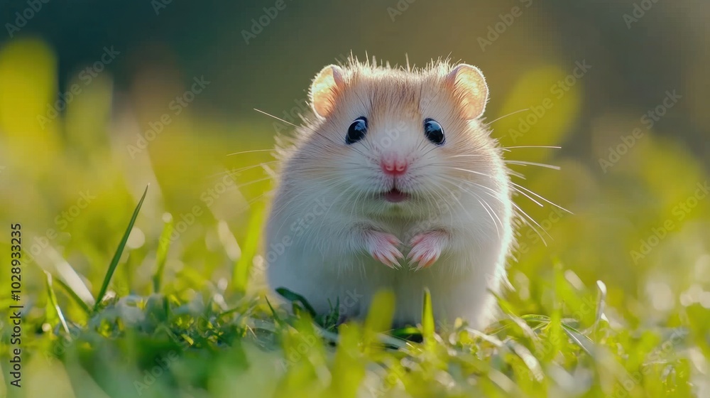 cute hamster with big eyes standing on grass, natural lighting, blurred background, cute hamster with big eyes standing on grass, natural lighting, blurred background,