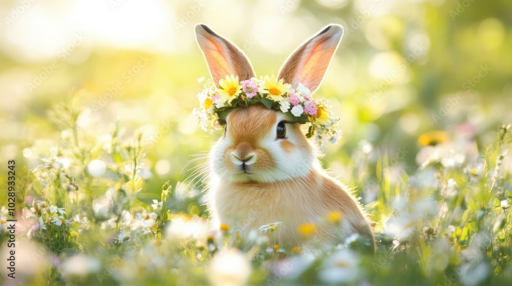 Stock minimalist photography of a rabbit with a floral headpiece, sitting in a meadow filled with wildflowers under bright sunlight for a fresh spring atmosphere Stock minimalist photography of a rabbit with a floral headpiece, sitting in a meadow filled with wildflowers under bright sunlight for a fresh spring atmosphere