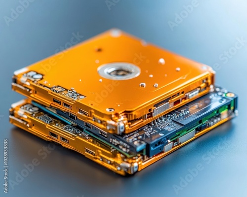 Disintegrating hard drives turning into dust, a symbol of fading data