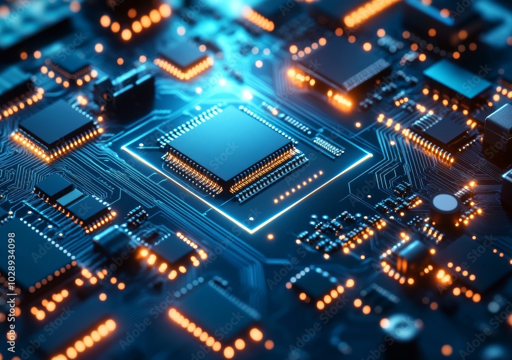 This is a top down view of a stock CPU and microprocessor board with a 3D rendering illustration background. This is a top down view of a stock CPU and microprocessor board with a 3D rendering illustration background.