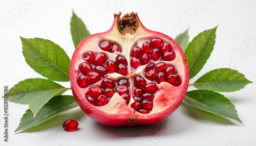 Juicy pomegranate and its half with leaves with pomegranate juice on white background, siced pomegranate created with generative ai photo