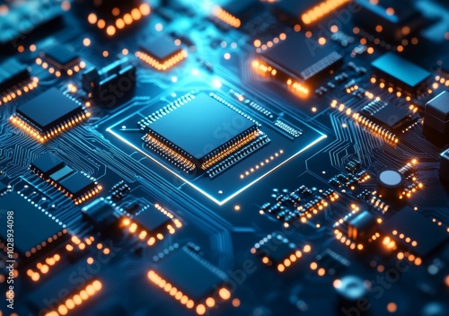 This is a top down view of a stock CPU and microprocessor board with a 3D rendering illustration background.