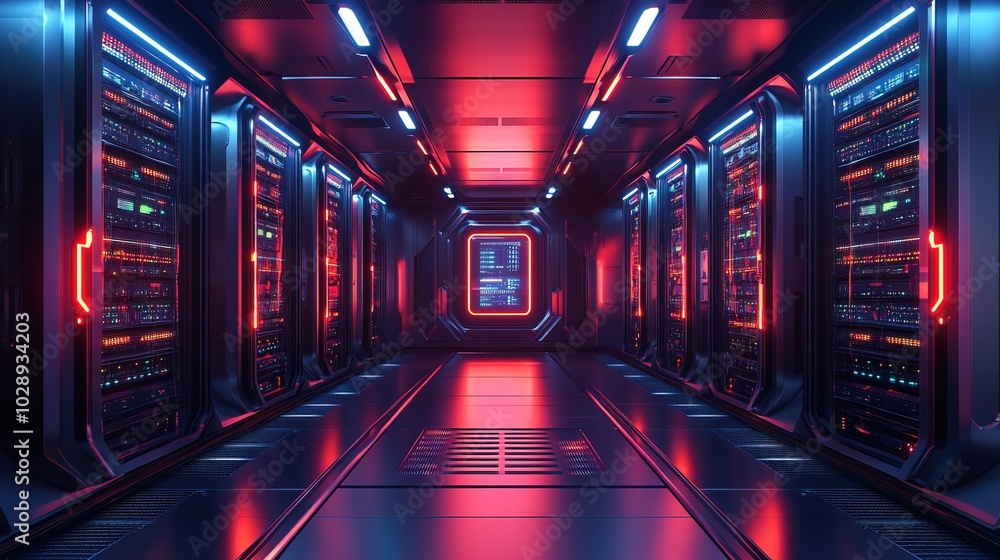 Futuristic server room corridor with glowing neon lights and sleek metallic walls Futuristic server room corridor with glowing neon lights and sleek metallic walls