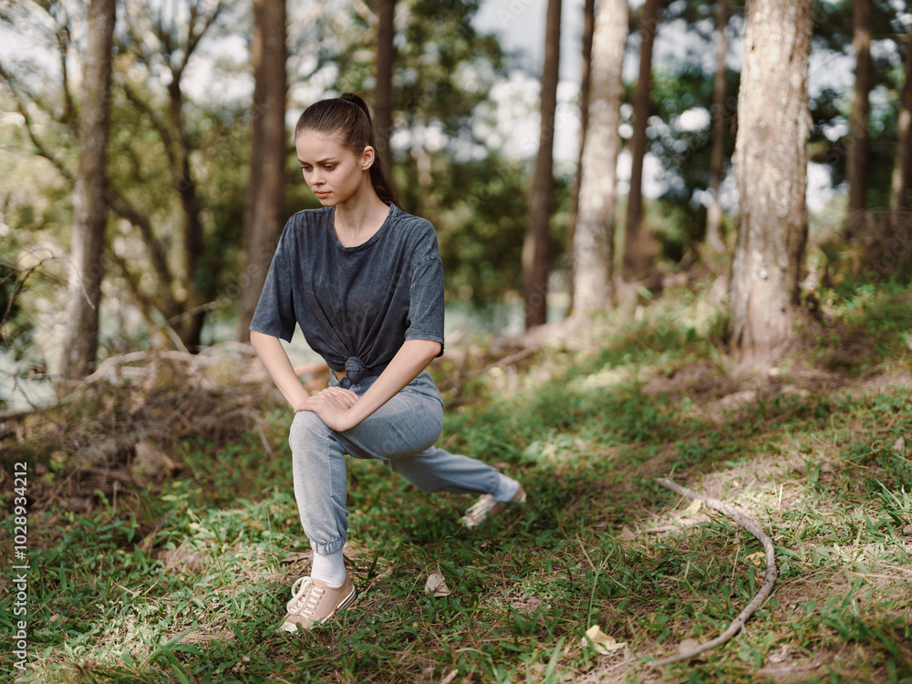 Active young woman performing lunges in a forest setting, wearing casual sportswear Fitness and wellness concept in nature Active young woman performing lunges in a forest setting, wearing casual sportswear Fitness and wellness concept in nature