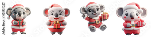 Cute koala characters in festive Santa outfits, holding colorful gifts, perfect for holiday celebrations. Their cheerful expressions bring joy and warmth to season photo