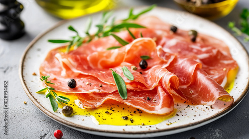 Elegant Prosciutto Plate with Herbs and Oils photo