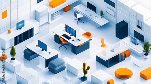 A modular isometric design of a tech-savvy office, where desks, computers, and furniture are all interchangeable, creating a dynamic and customizable workspace with scalable components 