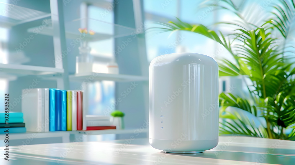 Modern Office Air Purifier: Clean air solution. Stylish white air purifier on a wooden desk in a modern office with city view. Modern Office Air Purifier: Clean air solution. Stylish white air purifier on a wooden desk in a modern office with city view.