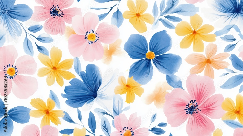 Watercolor flowers on a white background, with pastel colors of pink, purple, blue, yellow, and orange. Watercolor flowers on a white background, with pastel colors of pink, purple, blue, yellow, and orange.