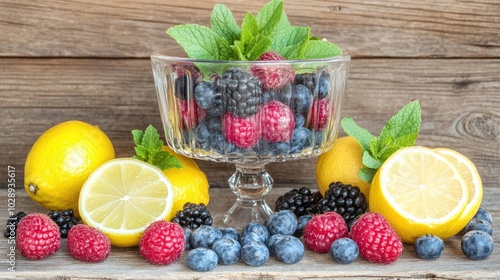 Un cóctel vibrante servido en una elegante copa de cóctel, decorada con rodajas de limón, fresas y hojas de menta fresca. La bebida presenta un color azul brillante y está dispuesta sobre una mesa de  photo