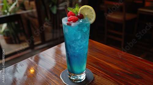 Un cóctel vibrante servido en una elegante copa de cóctel, decorada con rodajas de limón, fresas y hojas de menta fresca. La bebida presenta un color azul brillante y está dispuesta sobre una mesa de  photo