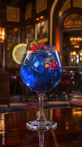 Un cóctel vibrante servido en una elegante copa de cóctel, decorada con rodajas de limón, fresas y hojas de menta fresca. La bebida presenta un color azul brillante y está dispuesta sobre una mesa de  photo