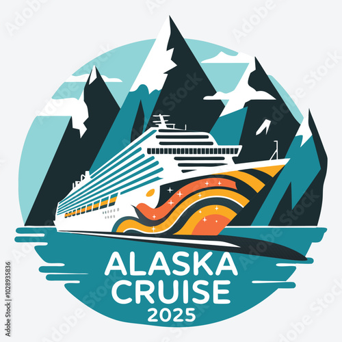Alaska Cruise 2025 T-Shirt Design Retro Big Cruise Ship Vector