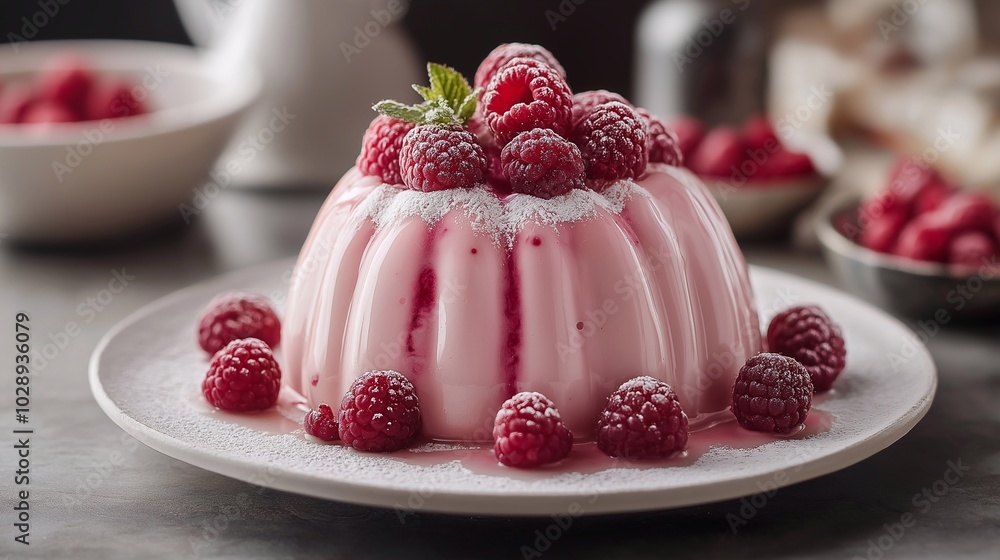Pudding decorated with raspberries, dessert Pudding decorated with raspberries, dessert