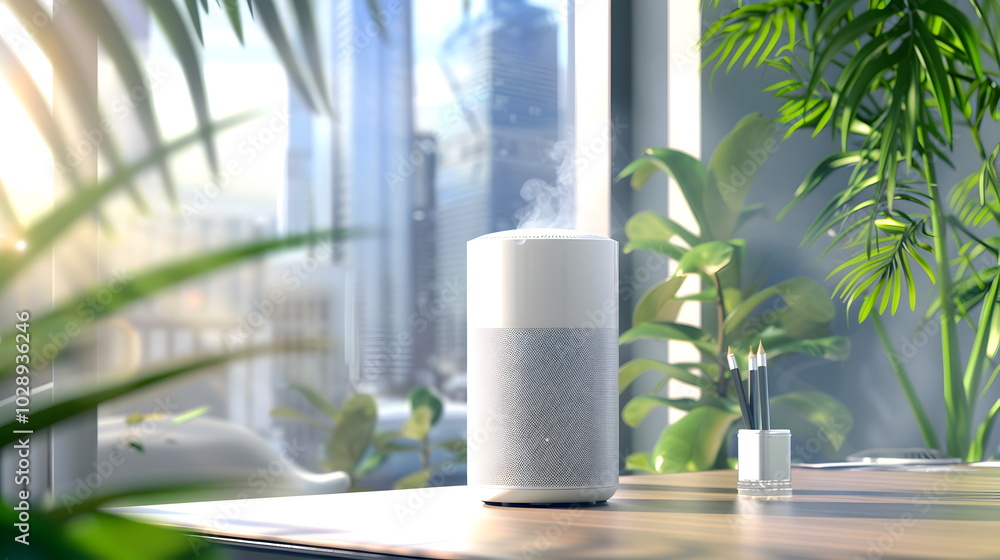 Modern Office Air Purifier: Clean air solution. Stylish white air purifier on a wooden desk in a modern office with city view.  