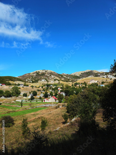 Village Dolovi, Montenegro, traditional stone houses with red roofs, green fields, and hills under bright blue sky with clouds. Ideal for rural tourism promotions or travel content with copy space. photo