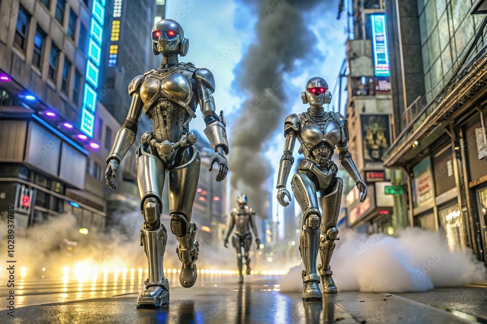 Fototapeta premium Futuristic Metal Robots Walking in Cyberpunk Street with Neon Lights and Smoke