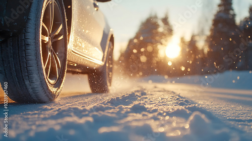 Close-up shot of a car is driving on a snowy road.