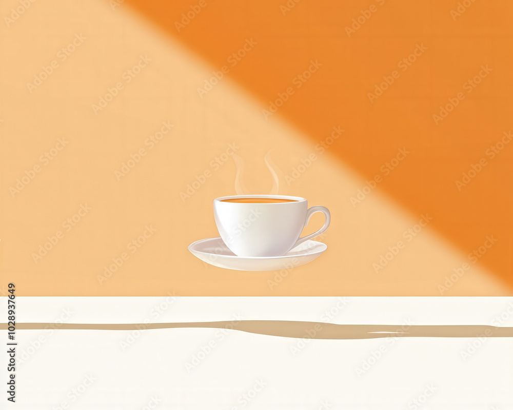 steaming cup of coffee sits elegantly on saucer against warm orange backdrop, evoking sense of comfort and relaxation steaming cup of coffee sits elegantly on saucer against warm orange backdrop, evoking sense of comfort and relaxation