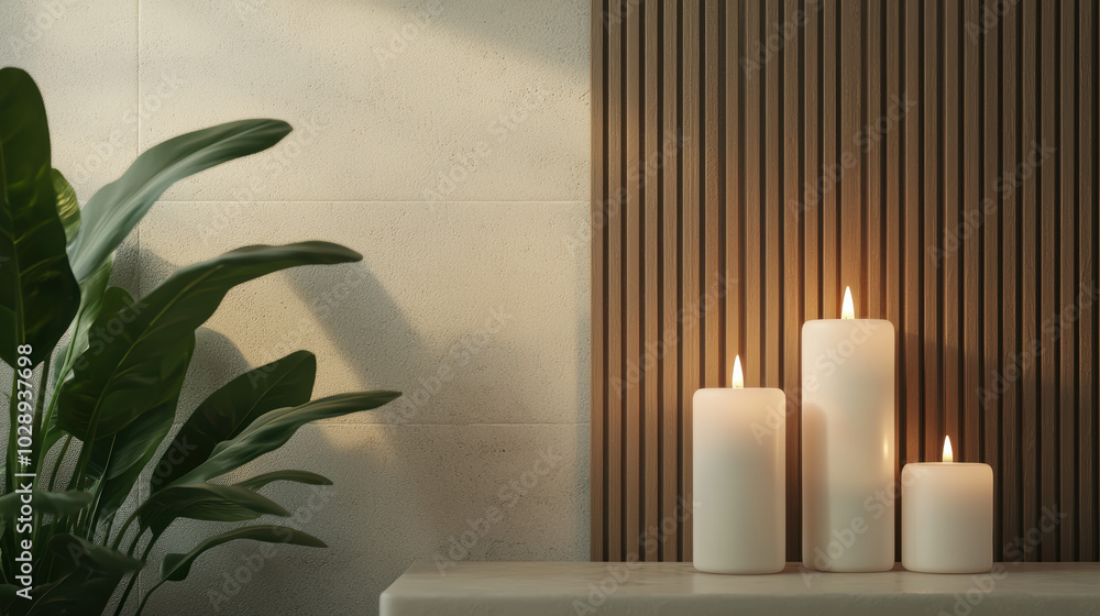 Serene candles lit near a green plant in a modern setting. Serene candles lit near a green plant in a modern setting.