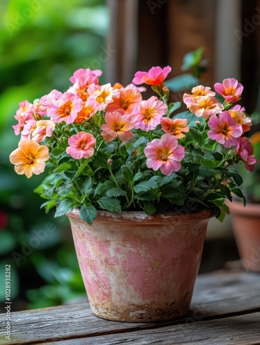 A vibrant pink flower pot filled with beautiful blossoms, adding a touch of color and charm to any indoor or outdoor space.