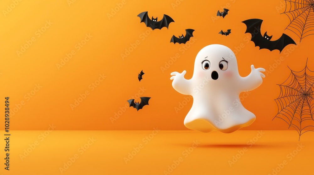 Cute ghost with bats and spider webs on orange background Cute ghost with bats and spider webs on orange background