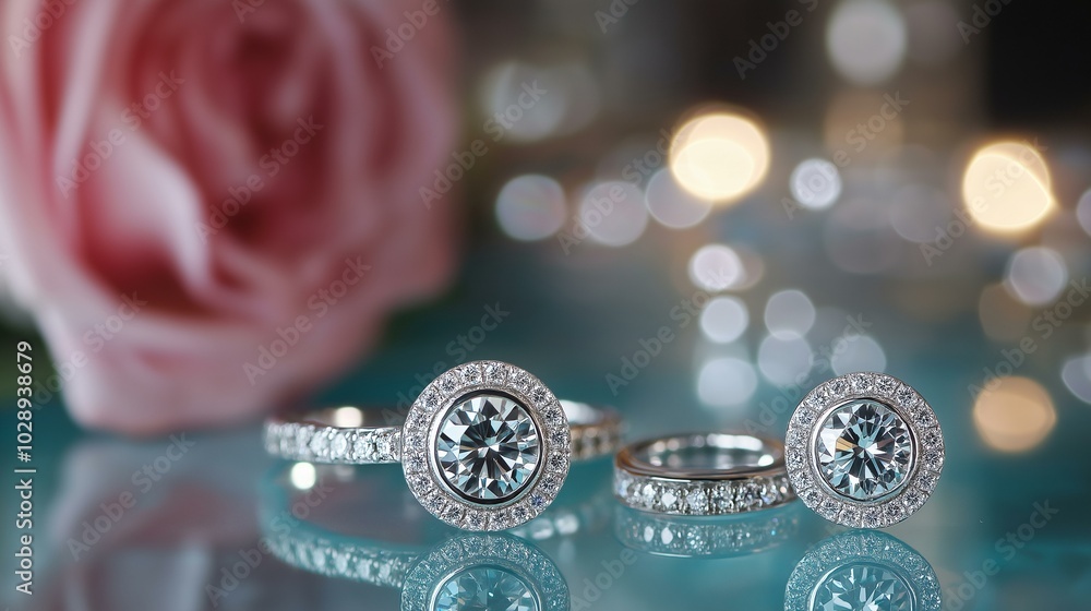 Elegant diamond rings adorned with sparkling gemstones, set against a romantic rose and bokeh background. Elegant diamond rings adorned with sparkling gemstones, set against a romantic rose and bokeh background.