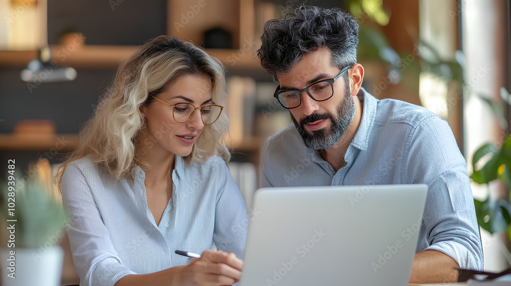 A man and woman working together on a laptop in an office setting. A man and woman working together on a laptop in an office setting.