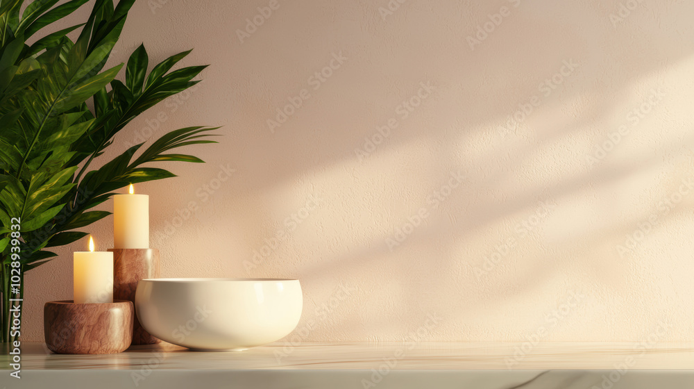 Serene decor with candles, plant, and bowl against a soft pink background. Serene decor with candles, plant, and bowl against a soft pink background.