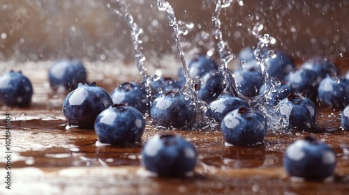 A textured background of blueberries rolling across a wooden surface, with a few splashes of water creating a fresh, cool effect.