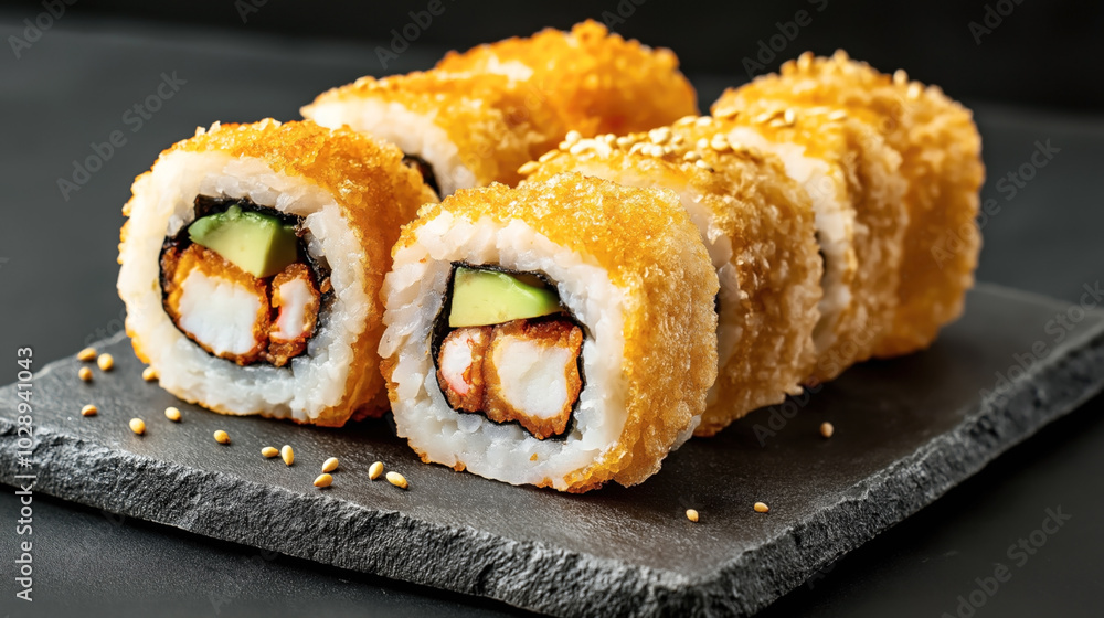 Close-up of crispy tempura sushi rolls with avocado and seafood on a slate serving plate, garnished with sesame seeds. Close-up of crispy tempura sushi rolls with avocado and seafood on a slate serving plate, garnished with sesame seeds.