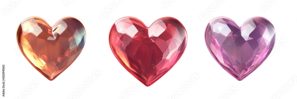 Three crystal hearts red pink and orange isolated transparent background Three crystal hearts red pink and orange isolated transparent background