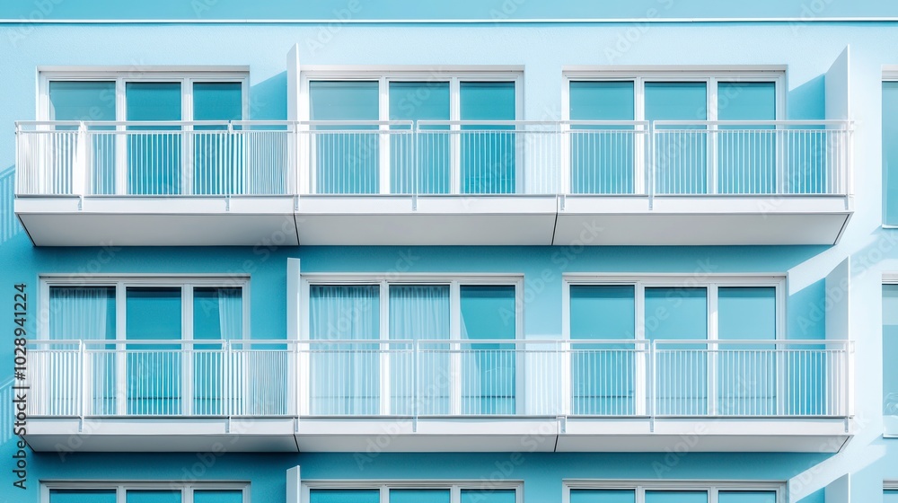 Modern blue apartment building with white balconies Modern blue apartment building with white balconies
