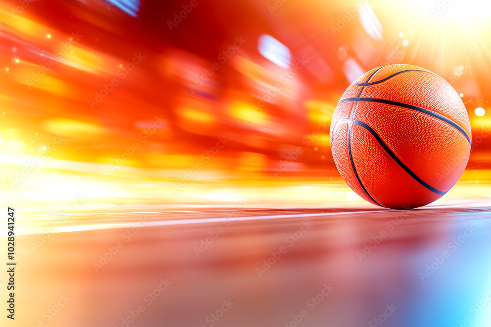 Basketball on the Court: Dynamic energy and motion blur capture the essence of basketball, a single ball poised on a vibrant court under dramatic lighting. Basketball on the Court: Dynamic energy and motion blur capture the essence of basketball, a single ball poised on a vibrant court under dramatic lighting.